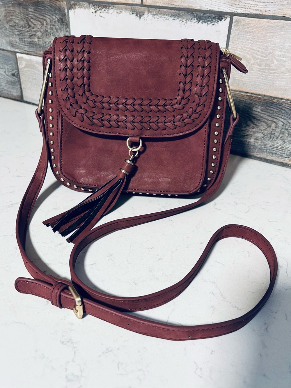 Like New Francesca’s Burgundy Woven Tassel Studded Crossbody Bag